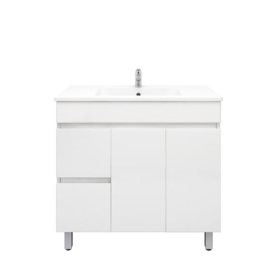 900L*850H*460DMM Gloss White PVC Bathroom Vanity Left Drawers Free Standing