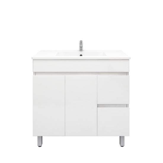 900L*850H*460DMM Gloss White PVC Bathroom Vanity Right Drawers Free Standing