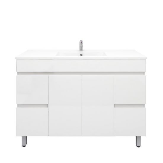 1200L*850H*460DMM Gloss White PVC Bathroom Vanity 4 Side Drawers 2 Middle Doors Free Standing