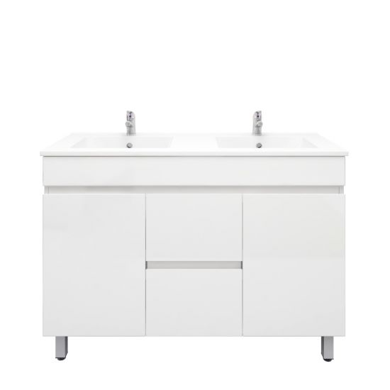 1200L*850H*460DMM Gloss White PVC Bathroom Vanity 2 Middle Drawers 2 Side Doors Free Standing