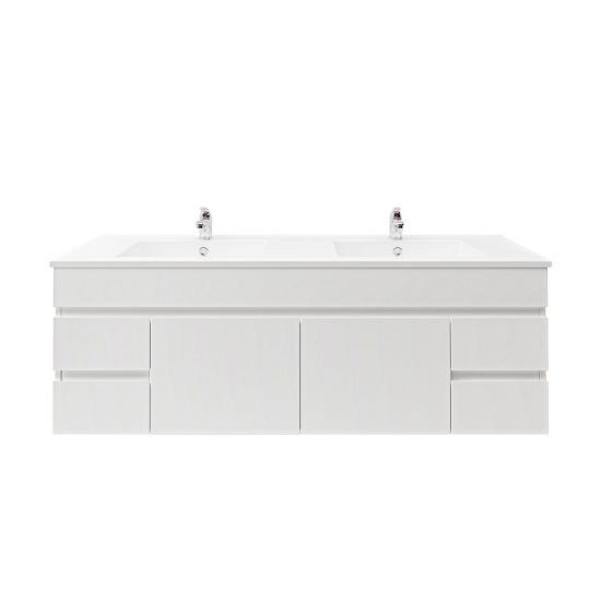 1500L*520H*460DMM Gloss White PVC Bathroom Vanity 4 Side Drawers 2 Middle Doors Wall Hung