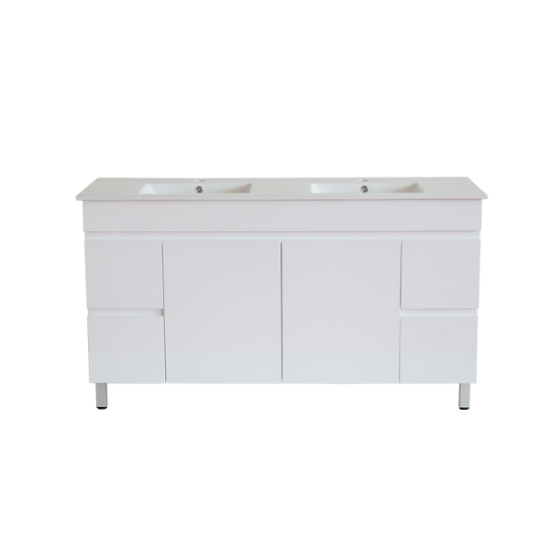 1500*450*710mm Freestangding Gloss White PVC Vanity With Double Ceramic Top  Cabinet Only