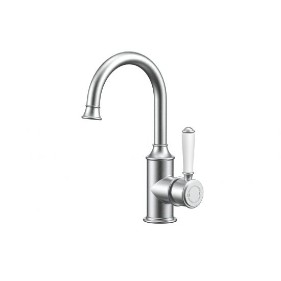 Clasico Gooseneck Basin Mixer Ceramic handle in Brushed Nickel