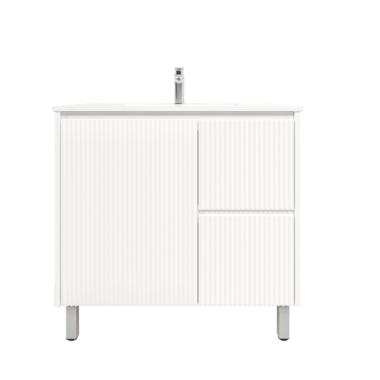 890Lx455Dx860Hmm Brio Matte White 2PAC Coating PVC 2R/DW 1L/DR Freestanding Bathroom Vanity Cabinet Only