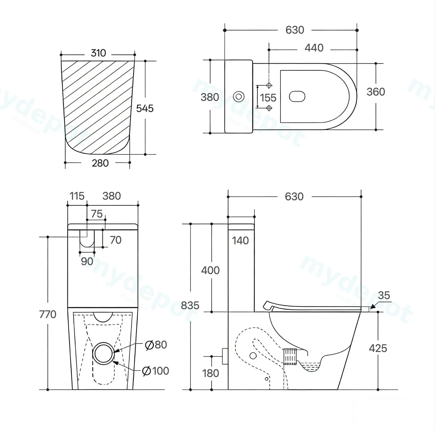 630×380×850mm Acadia Full Rimless Wall Faced Toilet Suite view 15