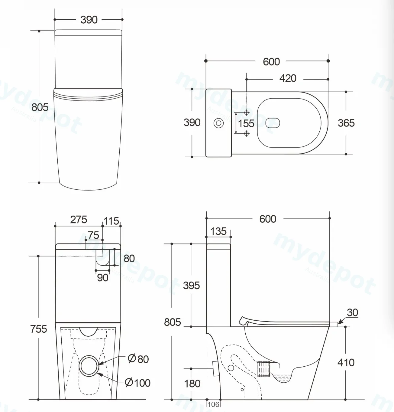 600*390*805mm Rocca Tornado Rimless Toilet Suite view 2