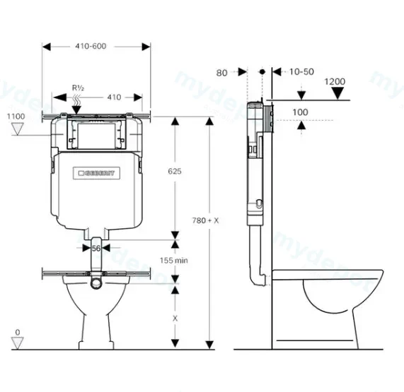 545*360*140mm Acadia Geberit Inwall Floor Toilet Suite Tornado Rimless Wall Faced Floor Pan view 2