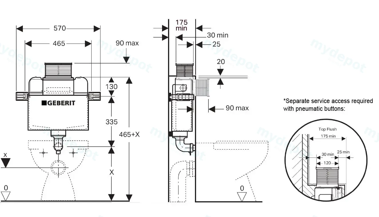 560X365X420mm Procida Geberit Lower Counter Inwall Floor Toilet Suite Rimless Wall Faced Floor Pan view 3