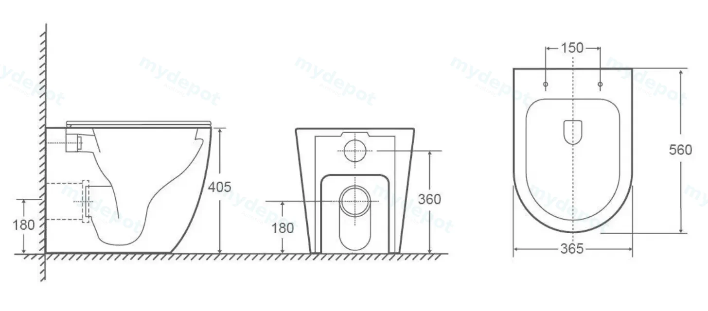 560X365X420mm Procida R&T Inwall Floor Toilet Suite Rimless Wall Faced Floor Pan view 3