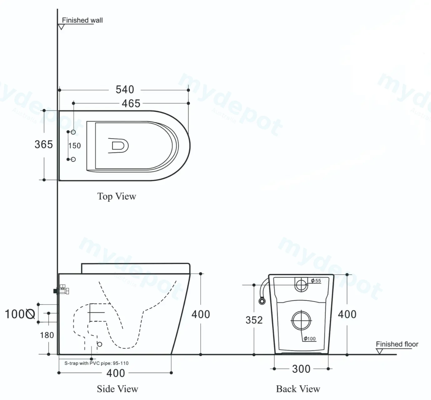 Agena R&T Lower Counter Inwall Floor Toilet Suite Gloss White Rimless Floor Pan view 3
