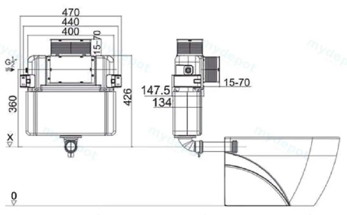 560X365X420mm Procida R&T Lower Counter Inwall Floor Toilet Suite Rimless Wall Faced Floor Pan view 3