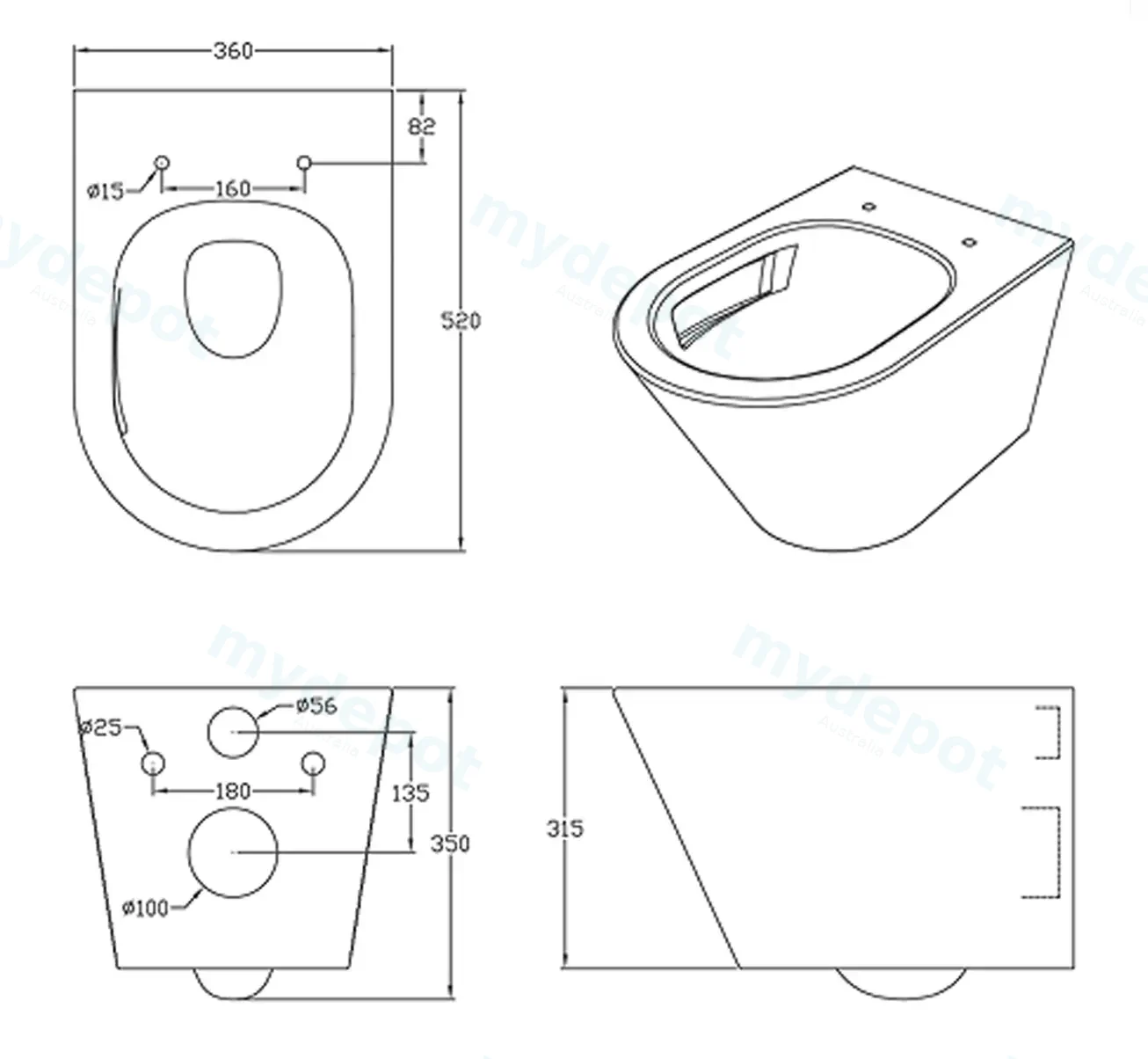 Agena R&T Inwall Wall Hung Toilet Suite Agena Tonardo Rimless Flush Wall-Hung Pan view 3