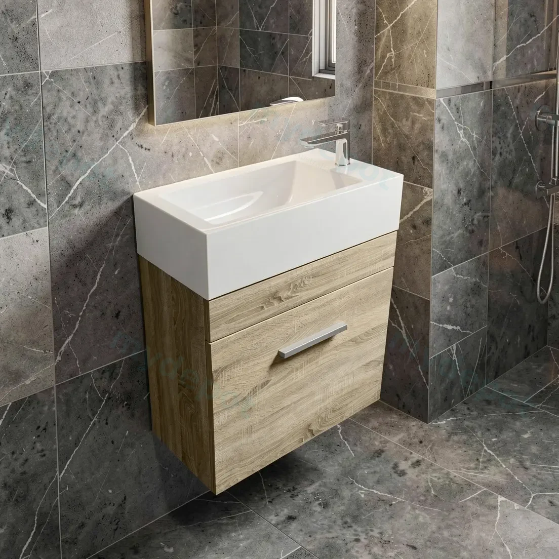 500mm White Oak MDF 1 Door Wall Hung Bathroom Vanity Cabinet Only view 2