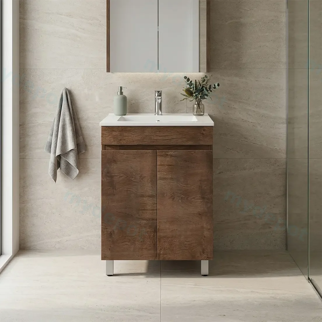 600mm Dark Oak MDF Freestanding Bathroom Vanity Cabinet Only 2 Doors view 3
