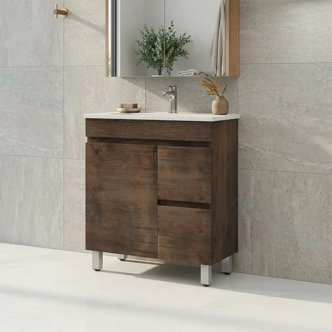 750mm Slim Dark Oak MDF Freestanding Bathroom Vanity Cabinet Only Right Drawer PVC Vacuum Filmed view 2