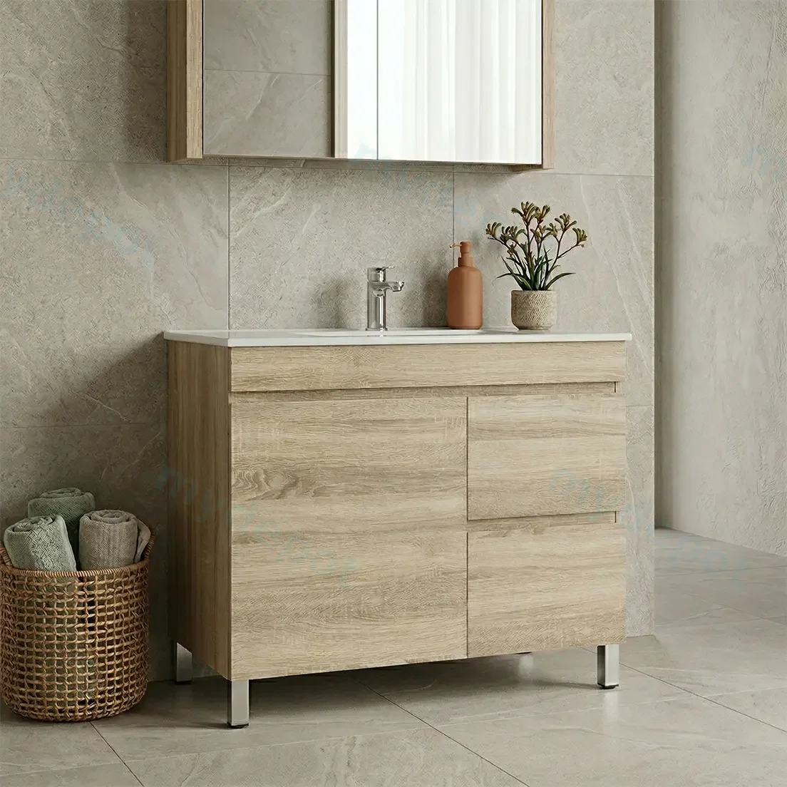 900mm White Oak MDF Freestanding Bathroom Vanity Cabinet Only Left Drawer PVC Vacuum Filmed view 2
