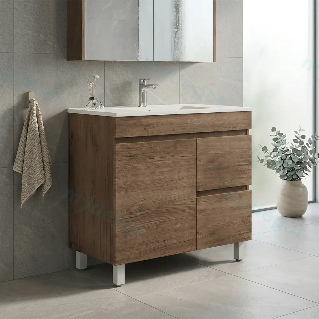 900mm Dark Oak MDF Freestanding Bathroom Vanity Cabinet Only Left Drawer PVC Vacuum Filmed view 2