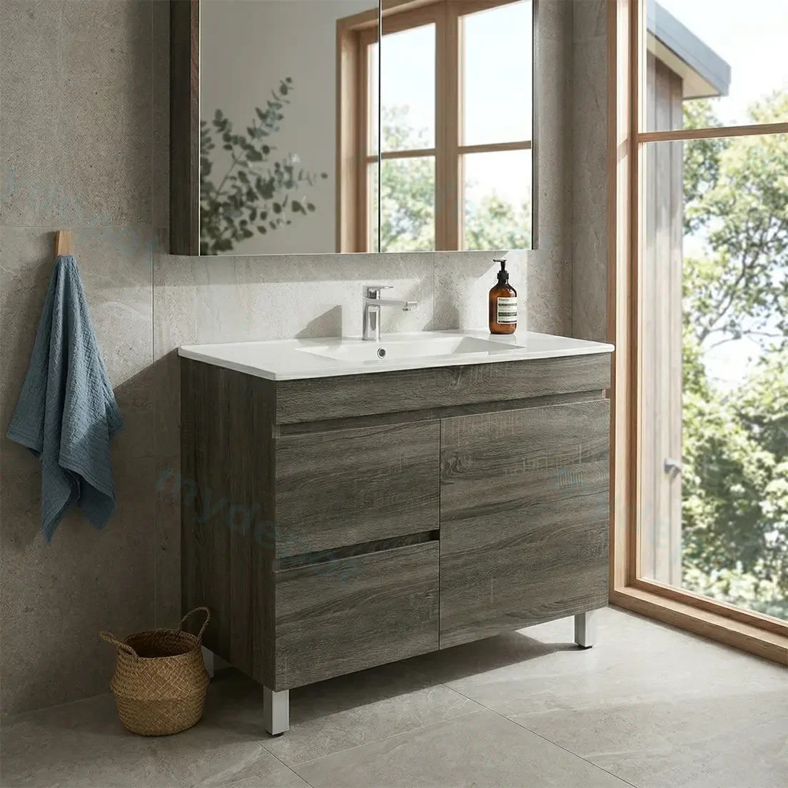 900mm Dark Grey MDF Freestanding Bathroom Vanity Cabinet Only Right Drawer PVC Vacuum Filmed view 2