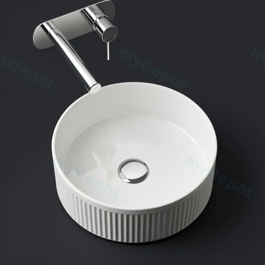370x370x130mm Round Fluted Gloss White Ceramic Art Basin Above Counter Basin Non-overflow view 2