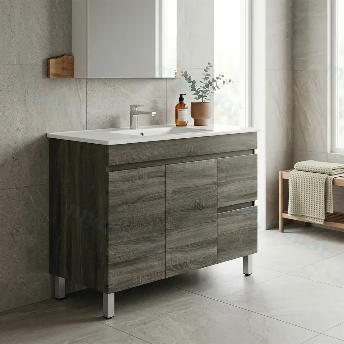1200mm Dark Grey MDF Freestanding Bathroom Vanity Cabinet Only Right Drawer PVC Vacuum Filmed view 2
