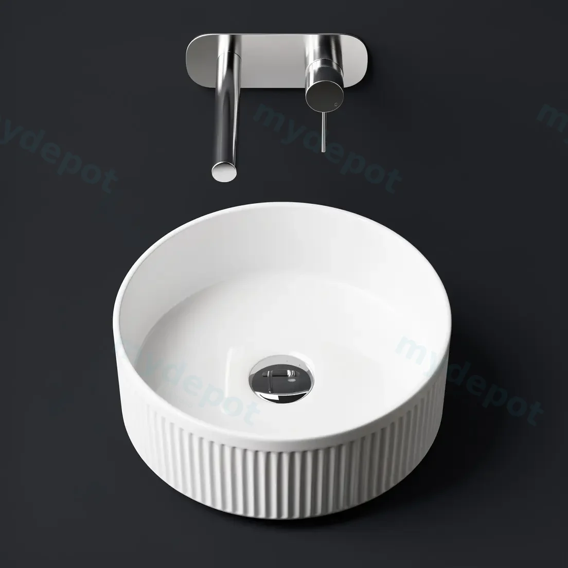 370x370x130mm Round Fluted Gloss White Ceramic Art Basin Above Counter Basin Non-overflow view 3