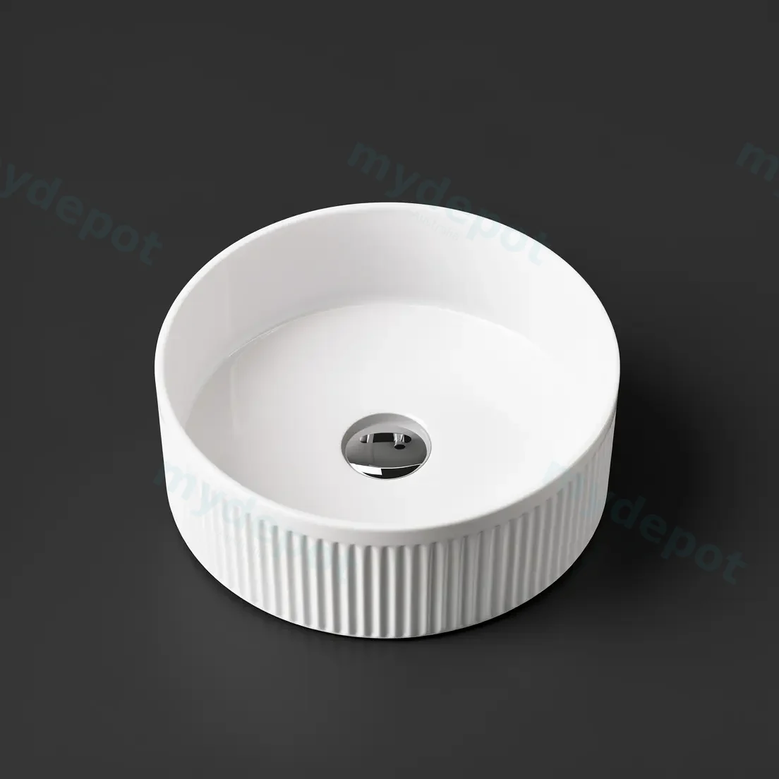 370x370x130mm Round Fluted Gloss White Ceramic Art Basin Above Counter Basin Non-overflow view 4