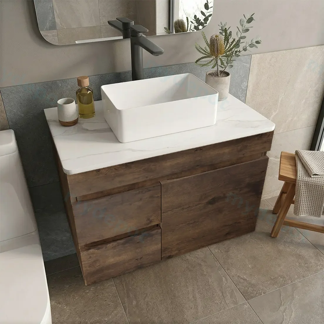 750mm Dark Oak MDF Wall Hung Bathroom Vanity Cabinet Only Right Drawer PVC Vacuum Filmed view 2