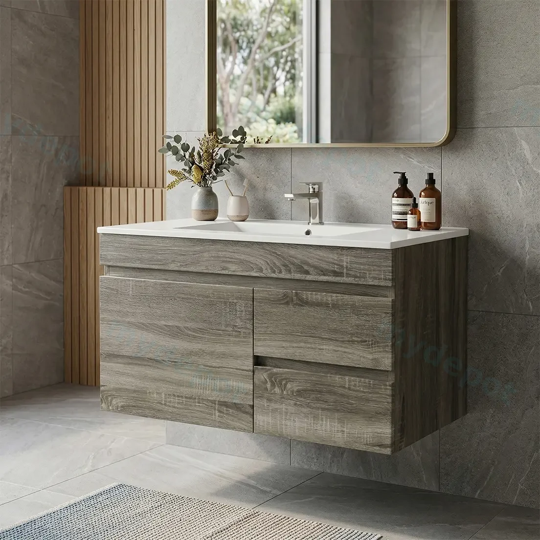 750mm Slim Dark Grey MDF Wall Hung Bathroom Vanity Cabinet Only Right Drawer PVC Vacuum Filmed view 2