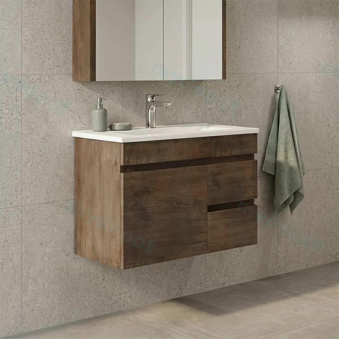 750mm Slim Dark Oak MDF Wall Hung Bathroom Vanity Cabinet Only RightDrawer PVC Vacuum Filmed view 2