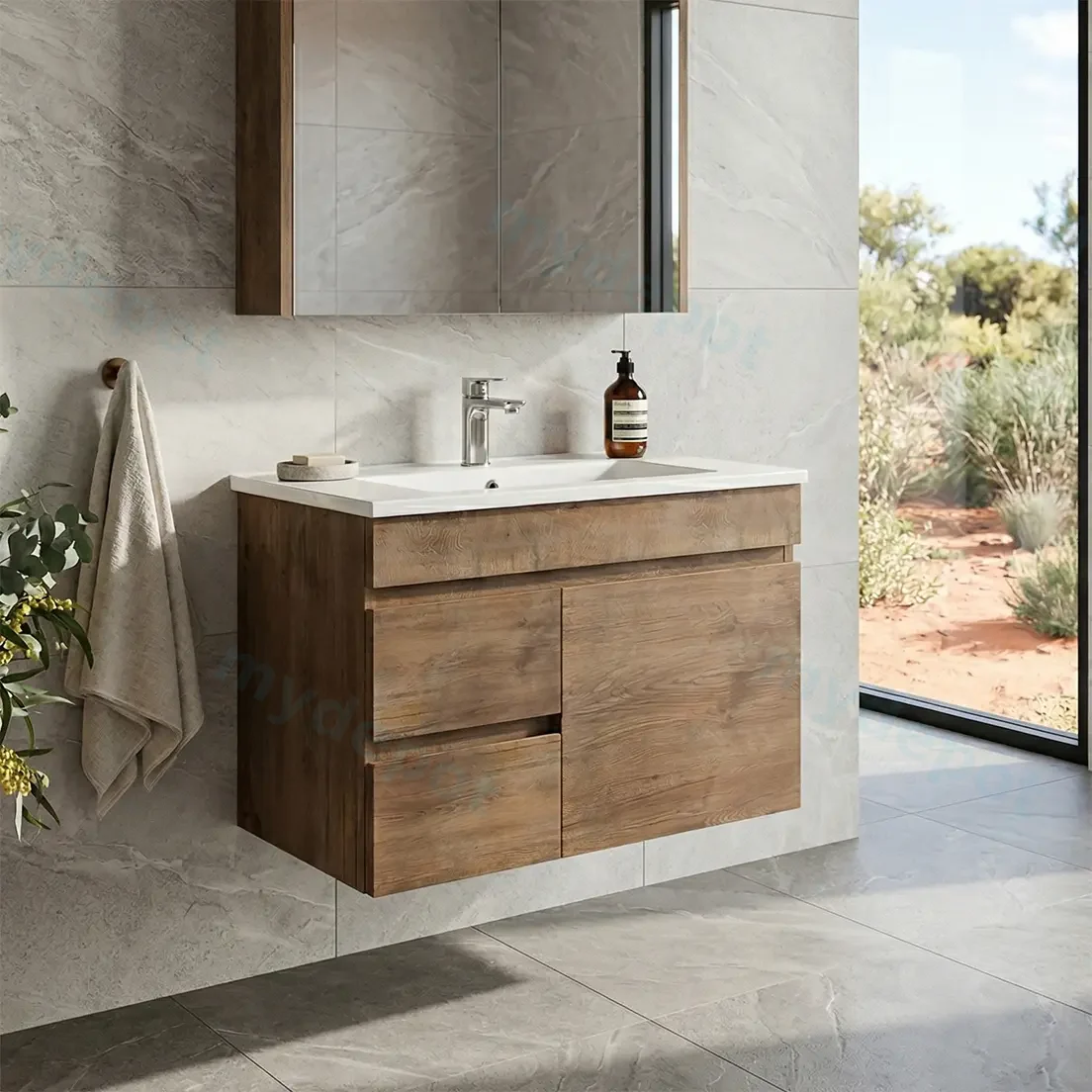 750mm Slim Dark Oak MDF Wall Hung Bathroom Vanity Cabinet Only Left Drawer PVC Vacuum Filmed view 2