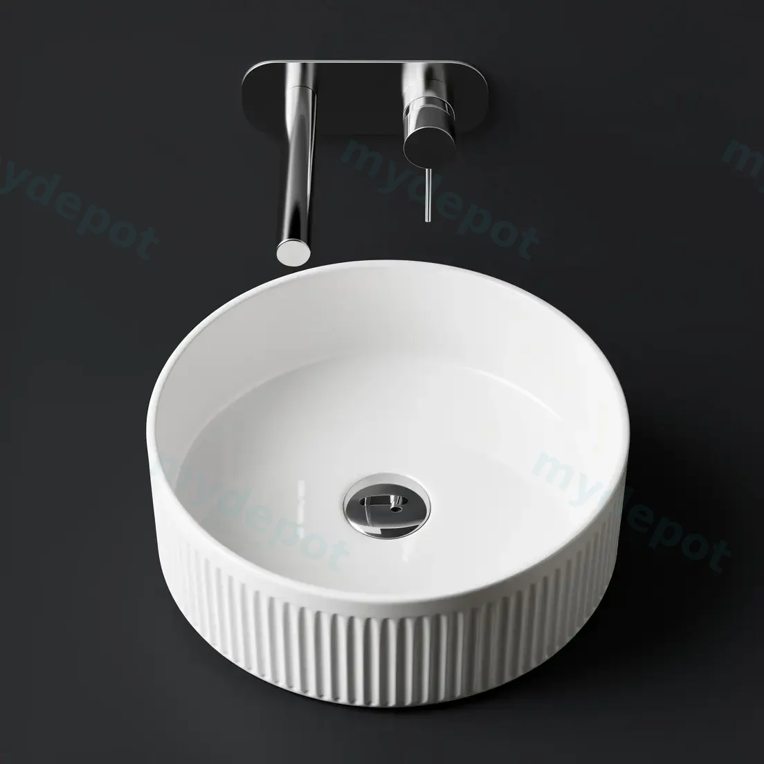400x400x130mm Round Fluted Goss White Ceramic Art Basin Above Counter Basin Non-overflow view 4
