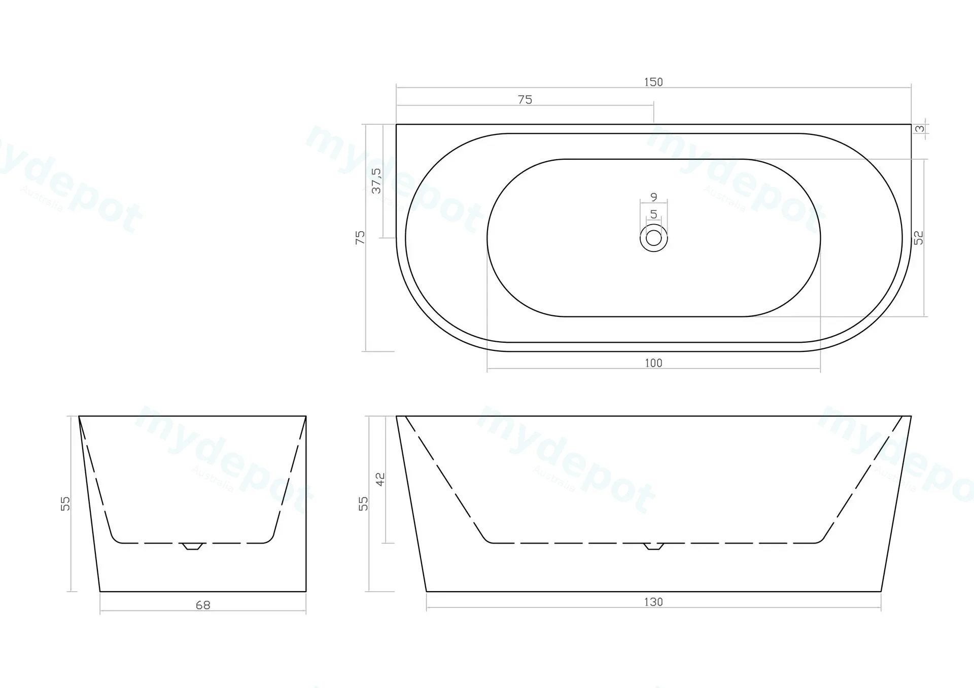 1500mm Ellis Back To Wall Bathtub Gloss White Acrylic Round Edge view 6