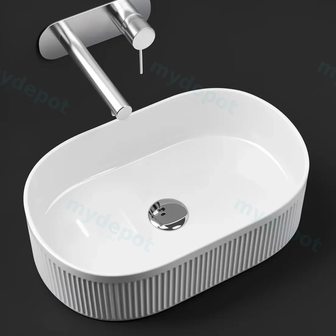 490x310x130mm Pill Fluted Gloss White Ceramic Art Basin Above Counter Basin Non-overflow view 3
