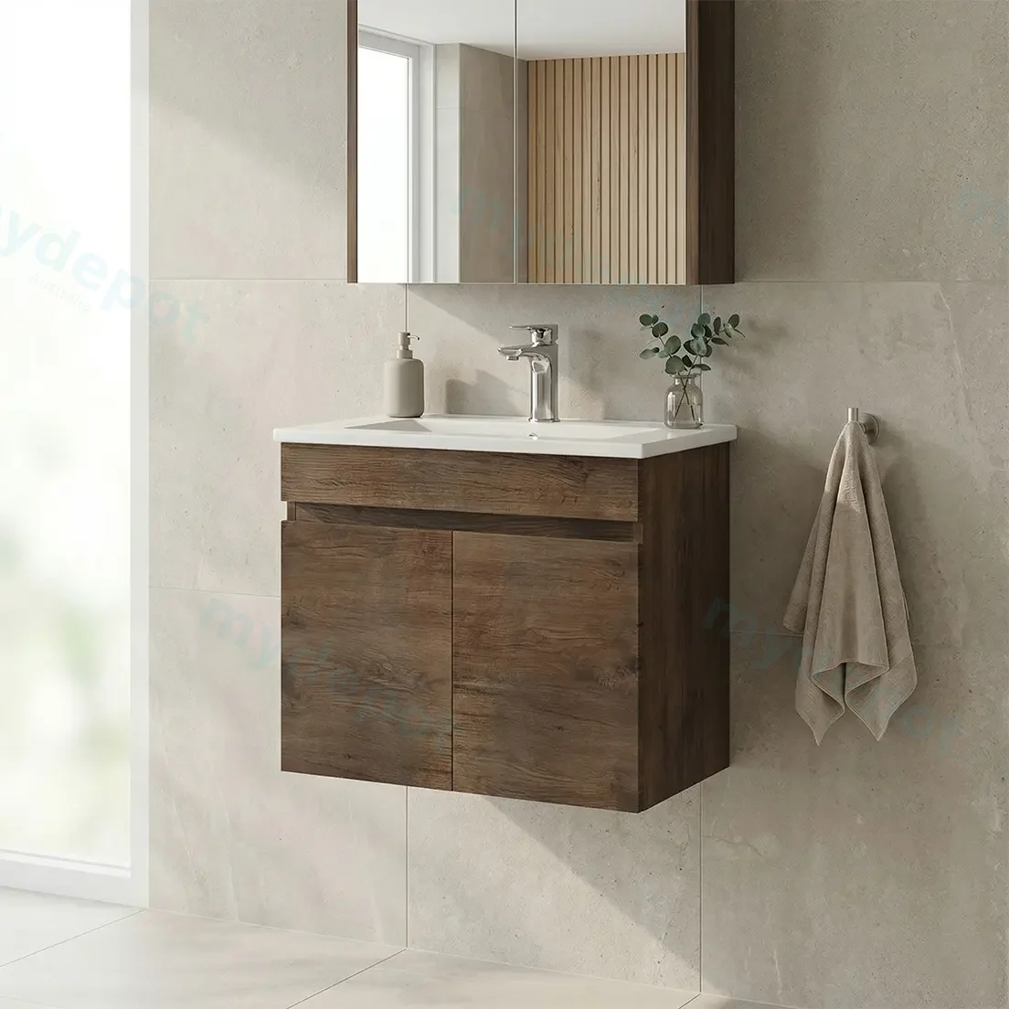 600mm Slim Dark Oak MDF Wall Hung Bathroom Vanity Cabinet Only 2 Doors view 2