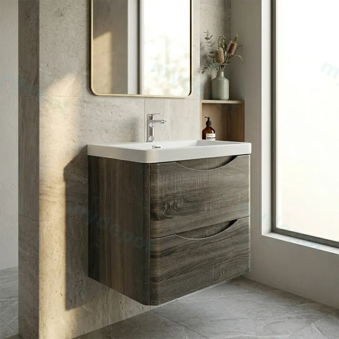 600mm Dark Grey MDF Board with PVC Vacuum Filmed Two Drawers Curved Wall Hung Vanity Cabinet Only view 2