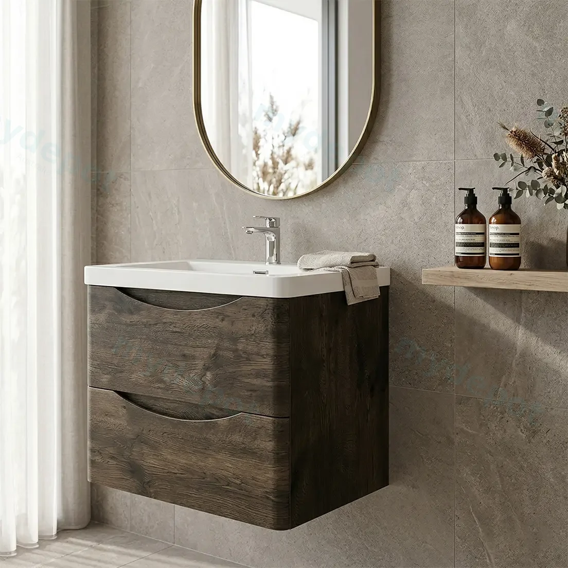 600mm Dark Oak MDF Board with PVC Vacuum Filmed Two Drawers Curved Wall Hung Vanity Cabinet Only view 2