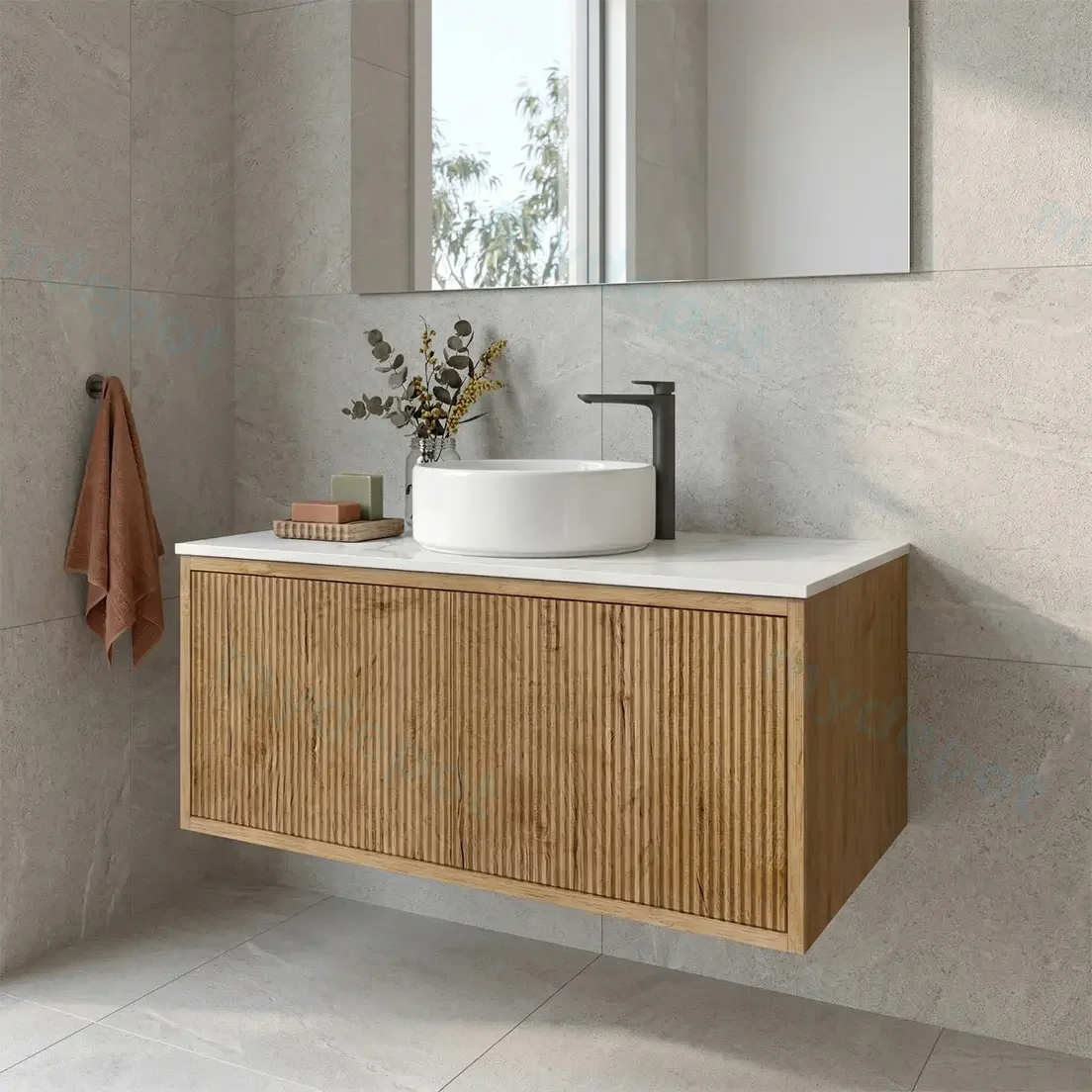 Kiama Slim 900mm Prime Oak One Left Drawer One Right Door Narrow Wall Hung Vanity Cabinet Only view 2