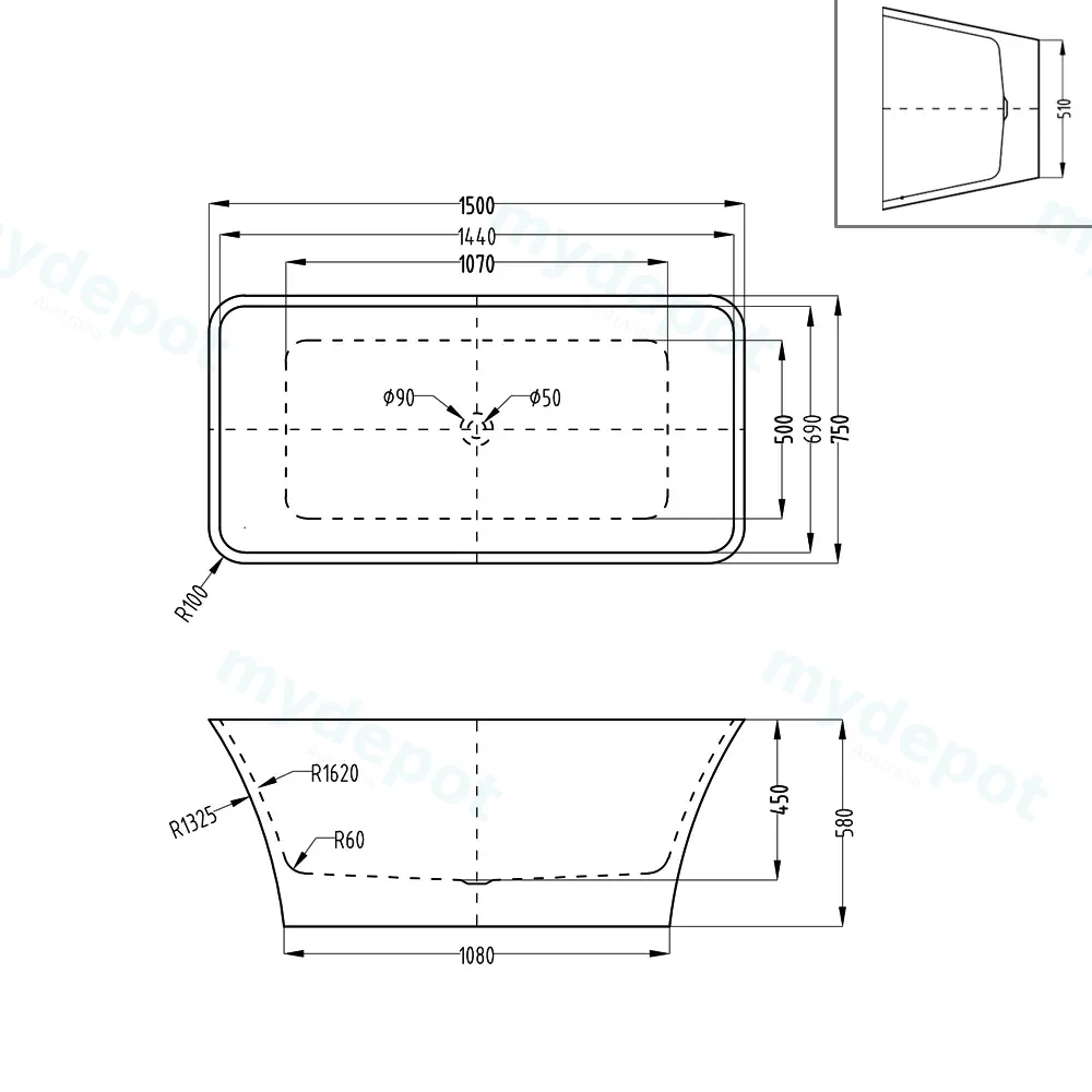 1500mm Gloss White Acrylic Free Standing Bathtub view 9