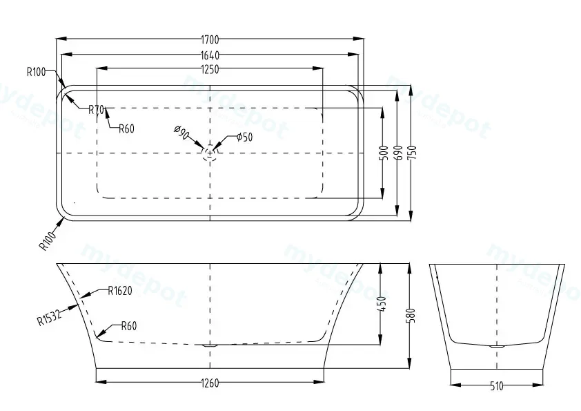 1700mm Gloss White Acrylic Free Standing Bathtub view 9