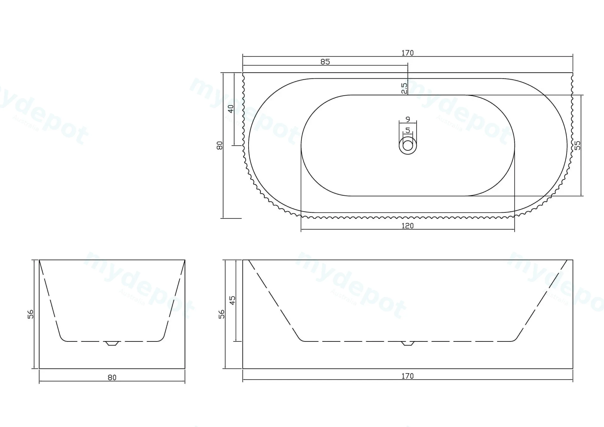1700mm Kiama Grooved Gloss White Back to Wall Bathtub view 5