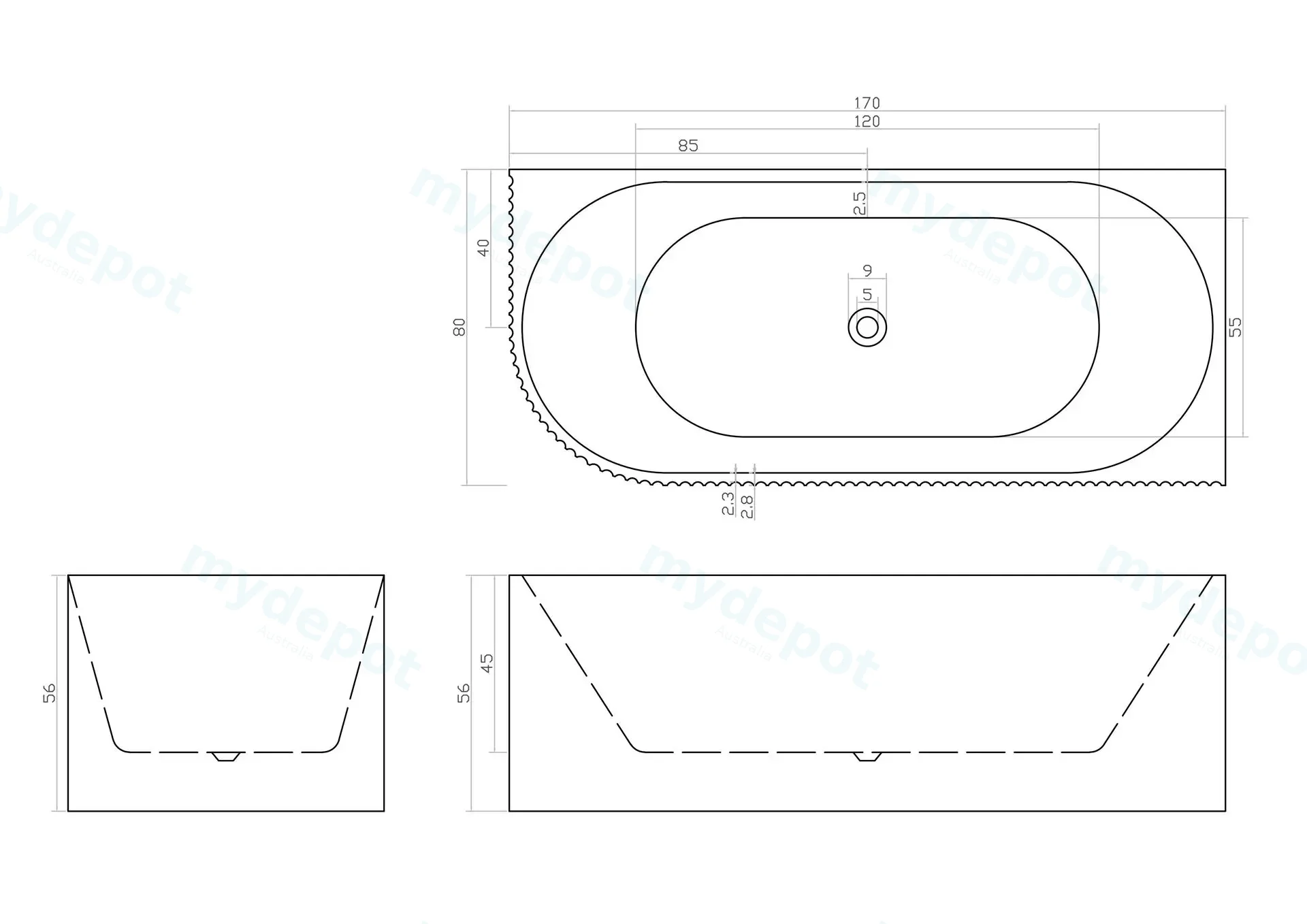 1700mm Kiama Grooved Gloss White Right Corner Fit Bathtub view 5