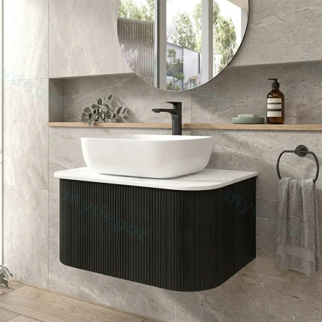 Kiama 750mm Bottega Oak One Drawer Curved Wall Hung Vanity Cabinet Only view 2