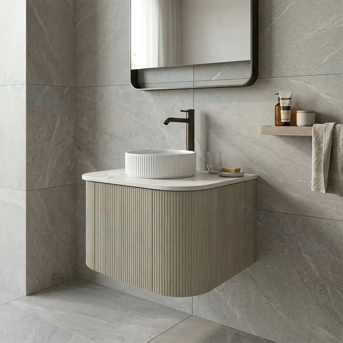 Kiama 600mm Coastal Oak One Door Curved Wall Hung Vanity Cabinet Only view 2