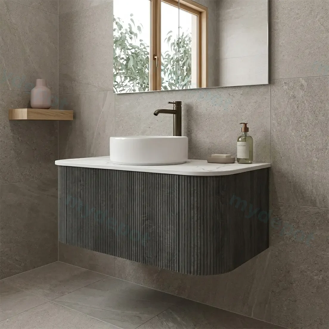 Kiama 900mm Dark Grey One Drawer Curved Wall Hung Vanity Cabinet Only view 2