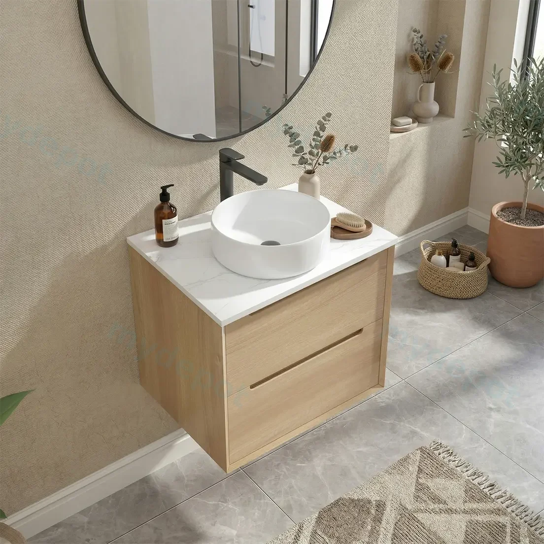 600mm Bell Collection Natural Oak Plywood 2 Drawers Wall Hung Bathroom Vanity Cabinet Only view 2