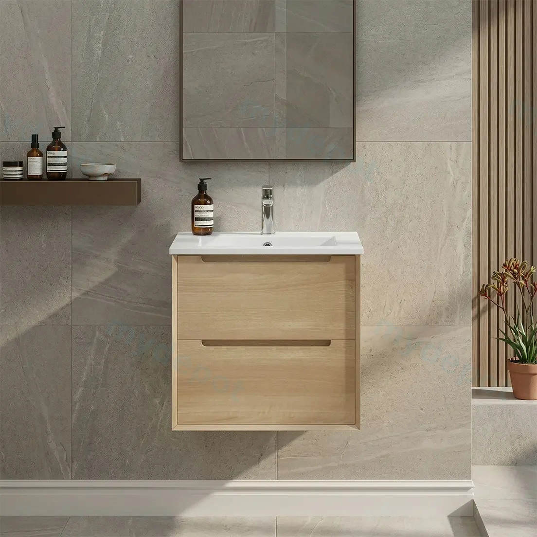 600mm Bell Collection Natural Oak Plywood 2 Drawers Wall Hung Bathroom Vanity Cabinet Only view 3