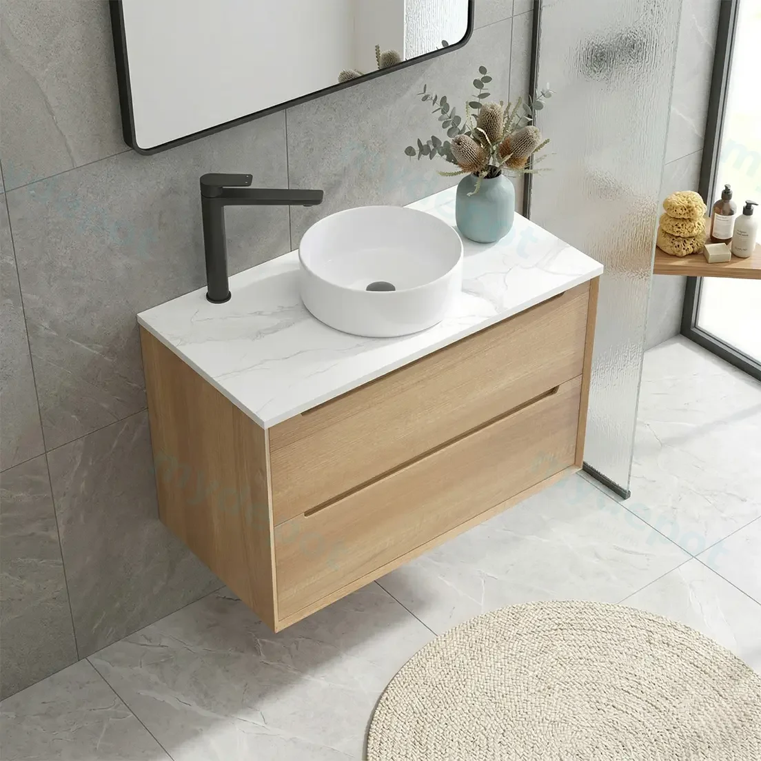 900mm Bell Collection Natural Oak Plywood 2 Drawers Wall Hung Bathroom Vanity Cabinet Only view 2