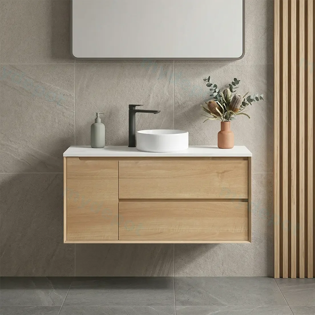 1200mm Bell Collection Natural Oak Plywood 2 Right Drawers 1 Left Door Wall Hung Bathroom Vanity Cabinet Only view 3