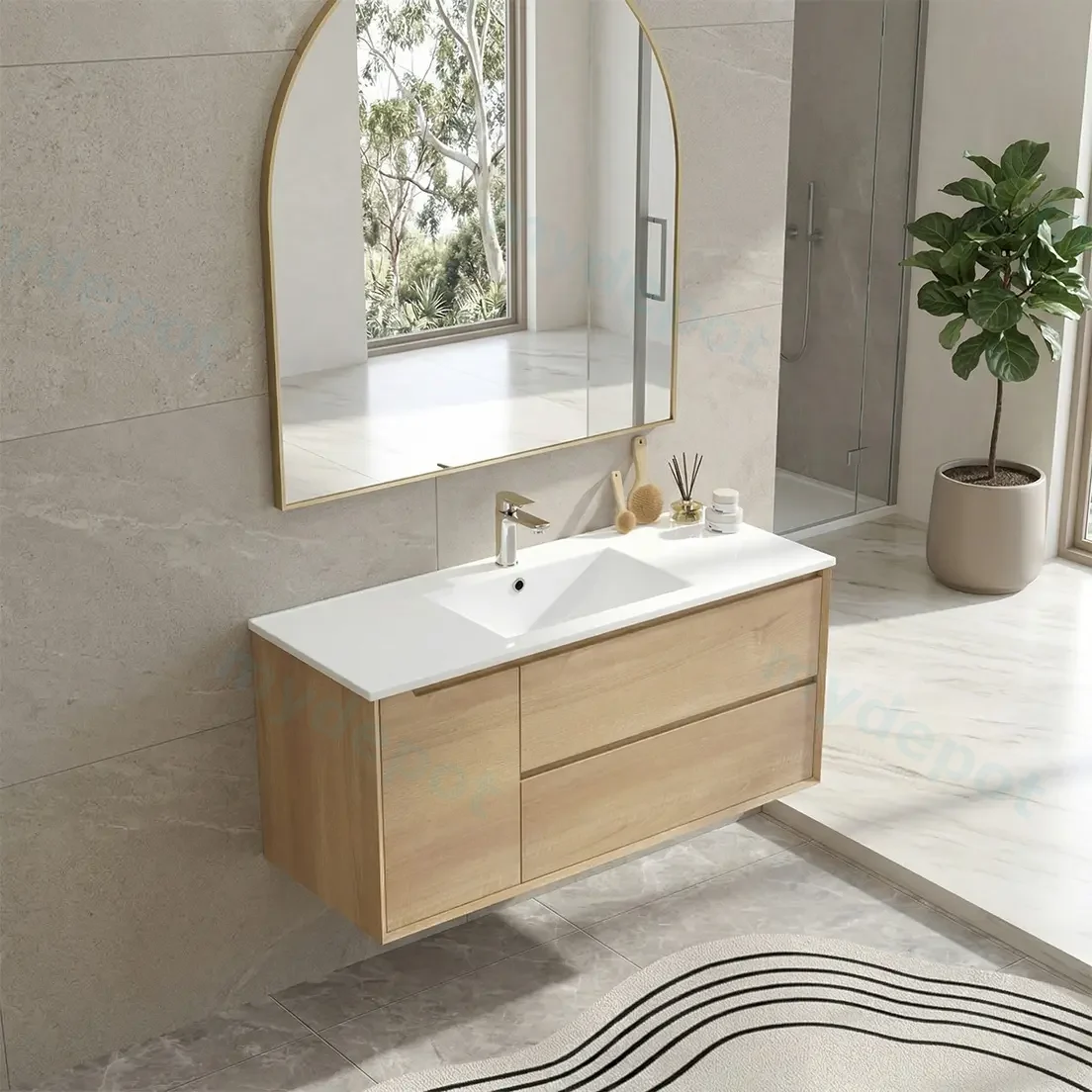 1200mm Bell Collection Natural Oak Plywood 2 Right Drawers 1 Left Door Wall Hung Bathroom Vanity Cabinet Only view 2