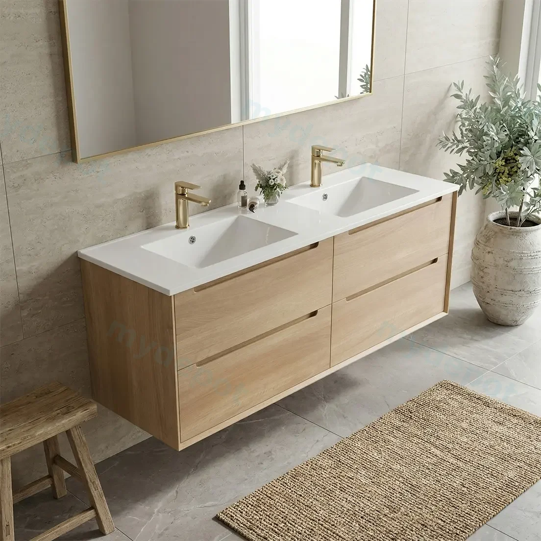 1500mm Bell Collection Natural Oak Plywood 4 Drawers Wall Hung Bathroom Vanity Cabinet Only view 2